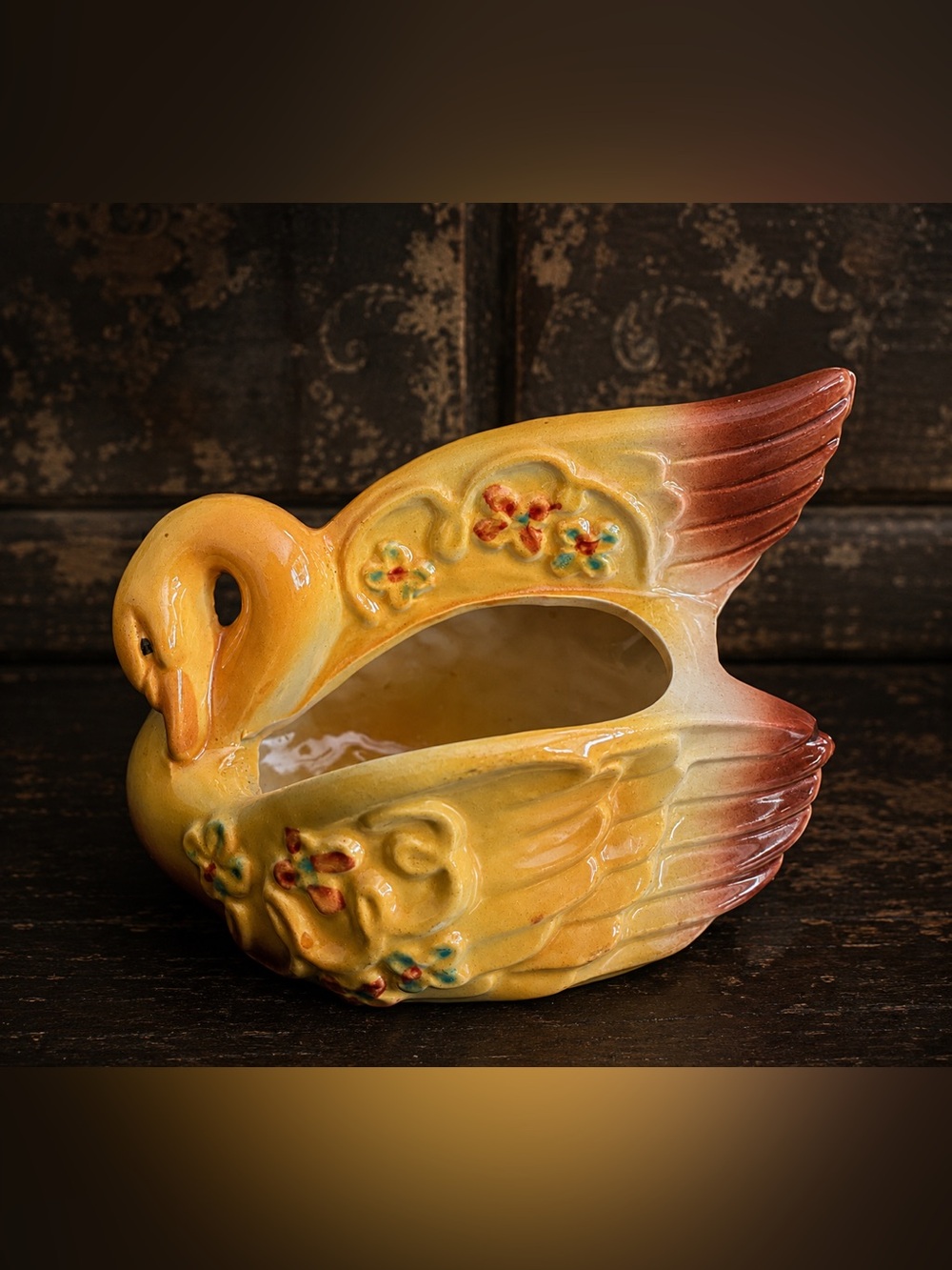 Vintage Yellow  Ceramic Swan Planter